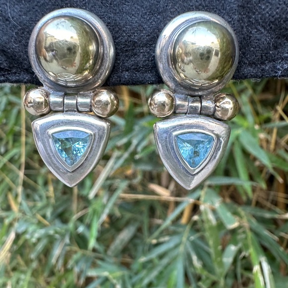 David Yurman Dangle Triangle Earrings Blue Topaz Sterling Silver & 14k Gold - Picture 6 of 9